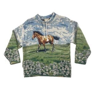 RARE Vtg 90s Art Unlimited Sweater Large Horse Tapestry Pullover Drawstring Neck